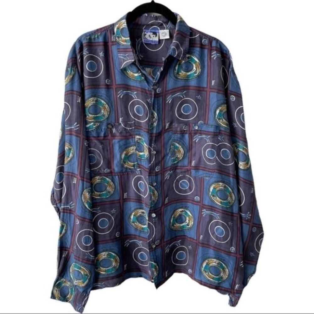Vintage Abstract Print Silk Button Down Shirt Womens Large